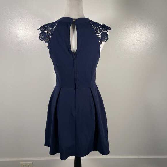 Speechless Navy Blue Crew Neck Lace Shoulder Sleeveless Fit & Flare Dress M - Picture 9 of 16